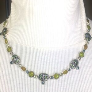 Vida Jewels Silver tone Necklace Enamel Crystals and Natural stones signed 19"